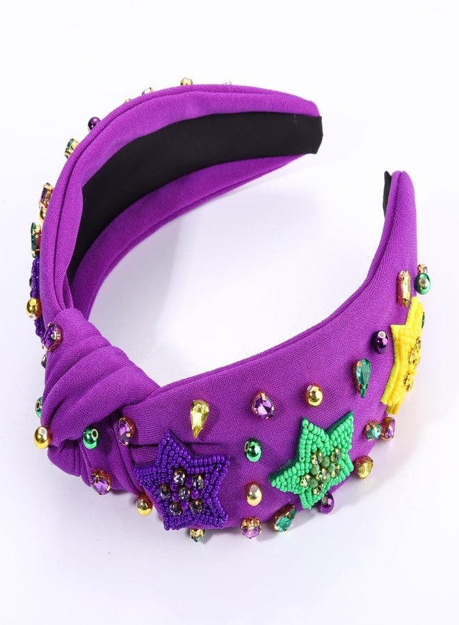 MOLOCH Mardi Gras Headband for Women Beaded Purple Yellow Green Stars Knotted Headband Carnival Jeweled Crystal Top Knot Hairband Fat Tuesday Hair Accessories Gifts - Image 2